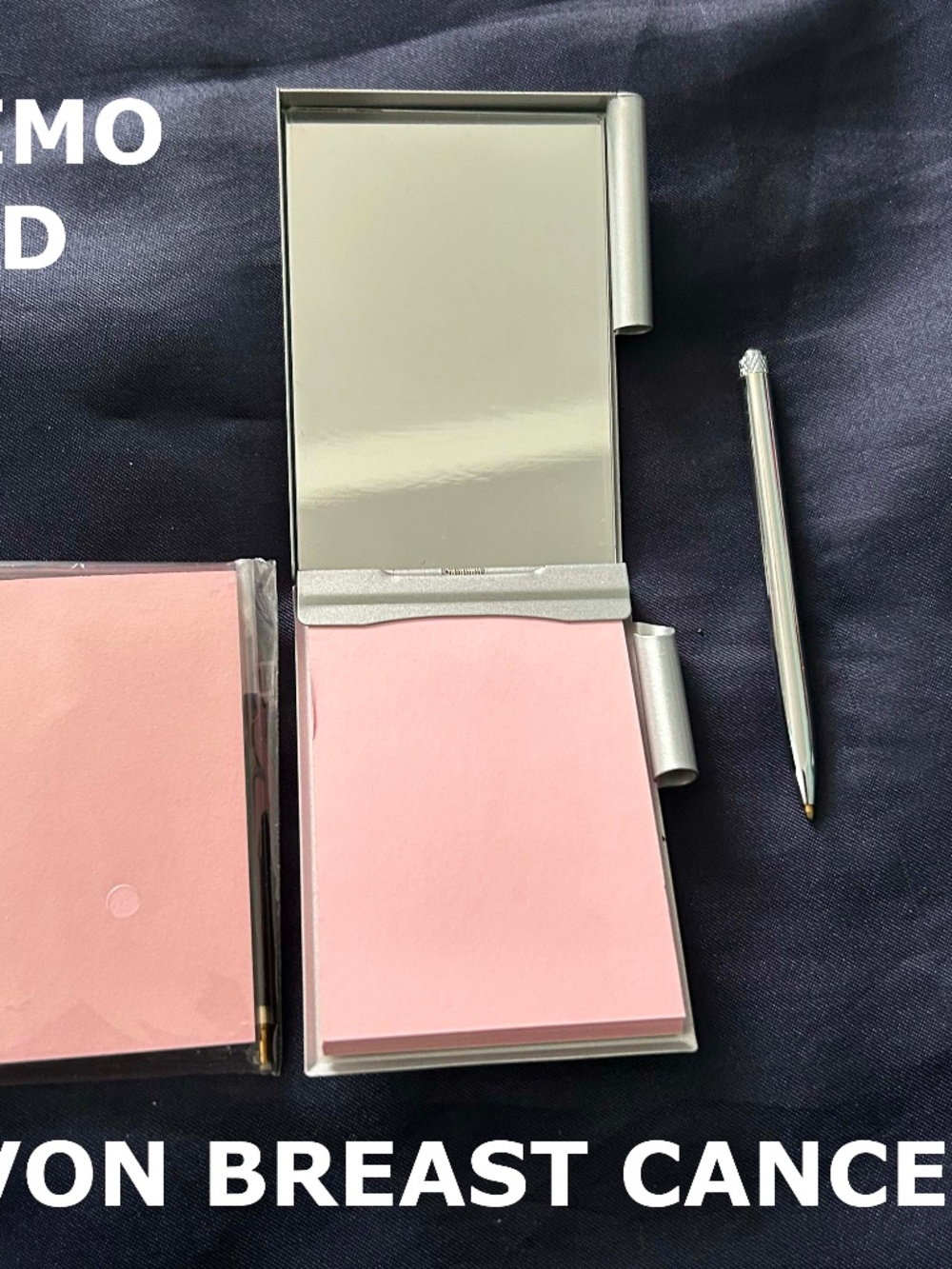 MEMO PAD, METAL WITH PEN & EXTRA PAD, HAS MIRROR INSIDE, SIZE OF A COMPACT, AVON